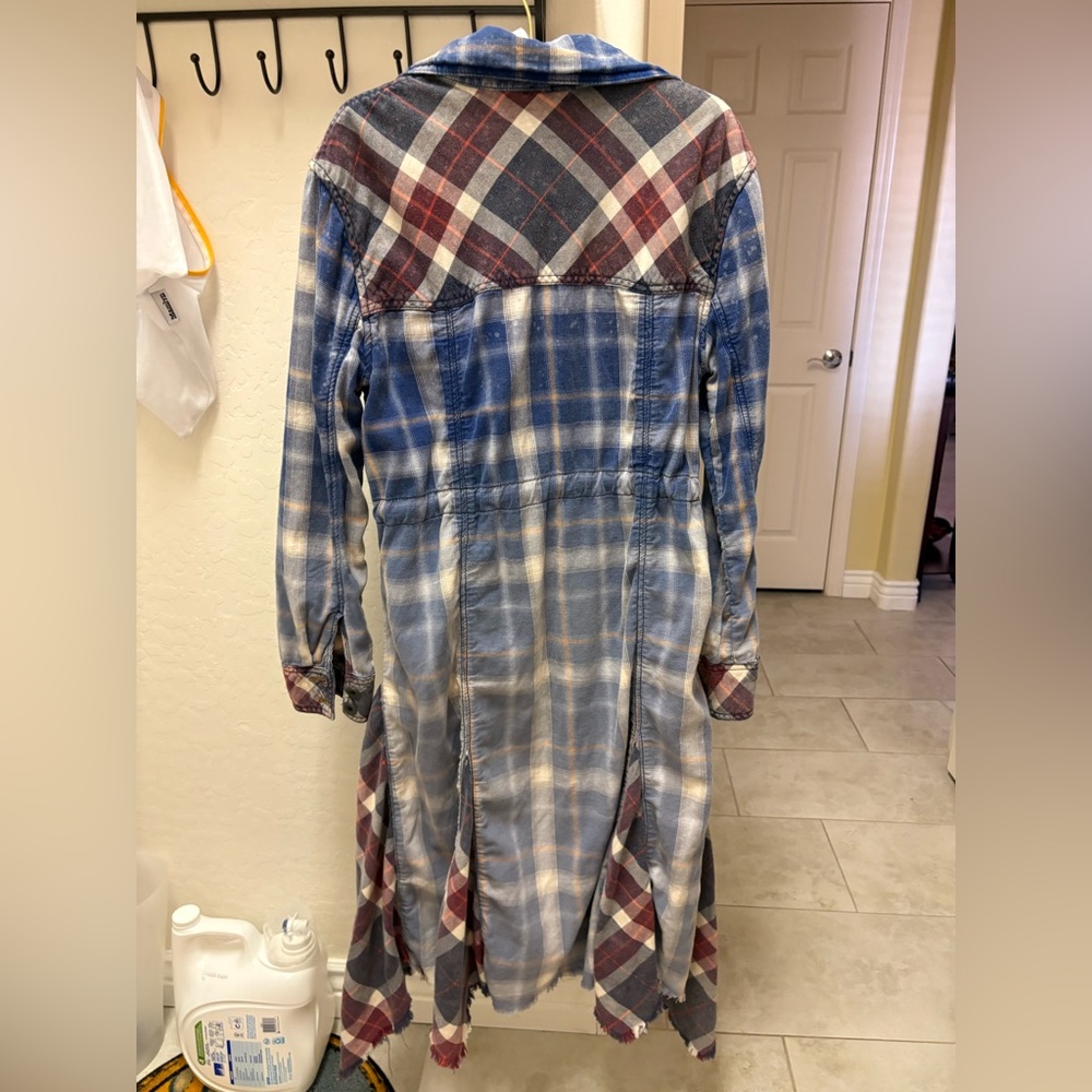 Free People Plaid Blue and Red Long Duster Trench Coat - Picture 7 of 7